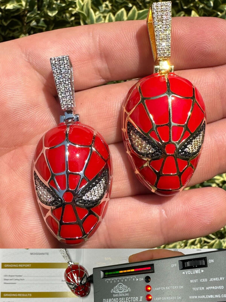 MOISSANITE Spider-Man Mask Pendant - 14k Gold Vermeil Or 925 Silver - Medium 2.25"