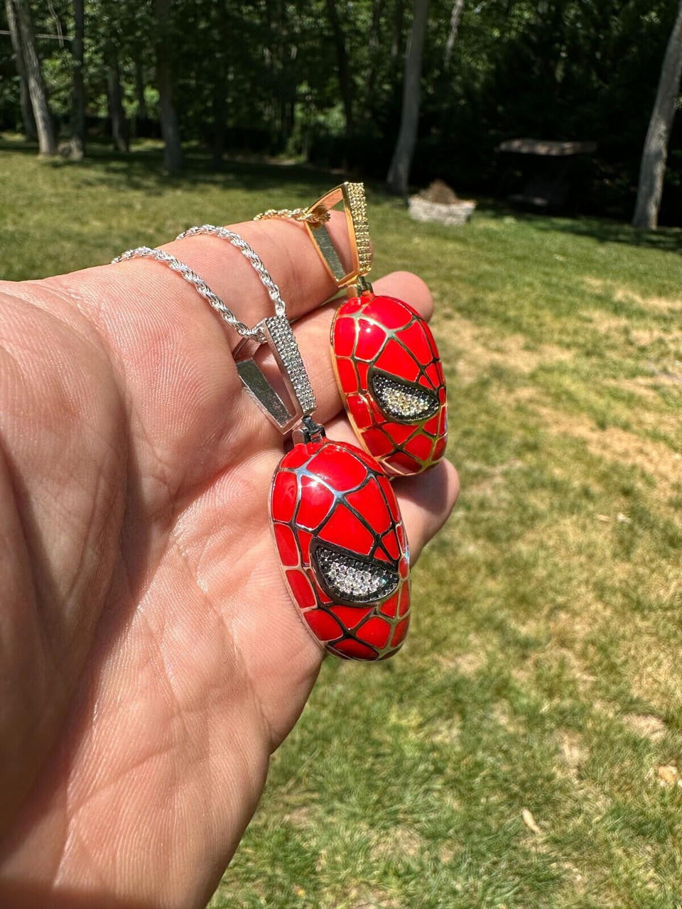 MOISSANITE Spider-Man Mask Pendant - 14k Gold Vermeil Or 925 Silver - Medium 2.25"