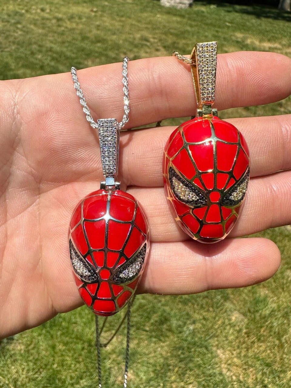 MOISSANITE Spider-Man Mask Pendant - 14k Gold Vermeil Or 925 Silver - Medium 2.25"