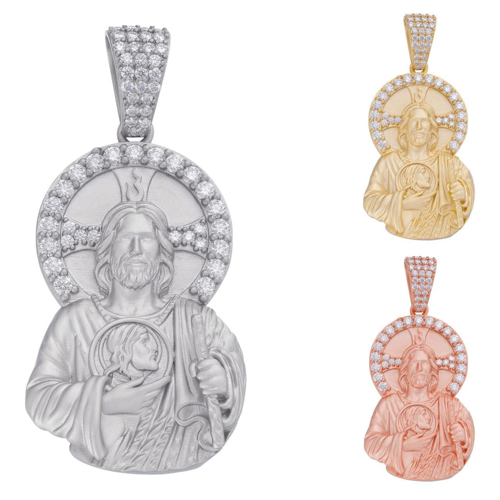 MOISSANITE St Jude San Judas Iced Pendant - 14k Yellow/Rose Gold Vermeil Or 925 Silver  - Large 2.75"