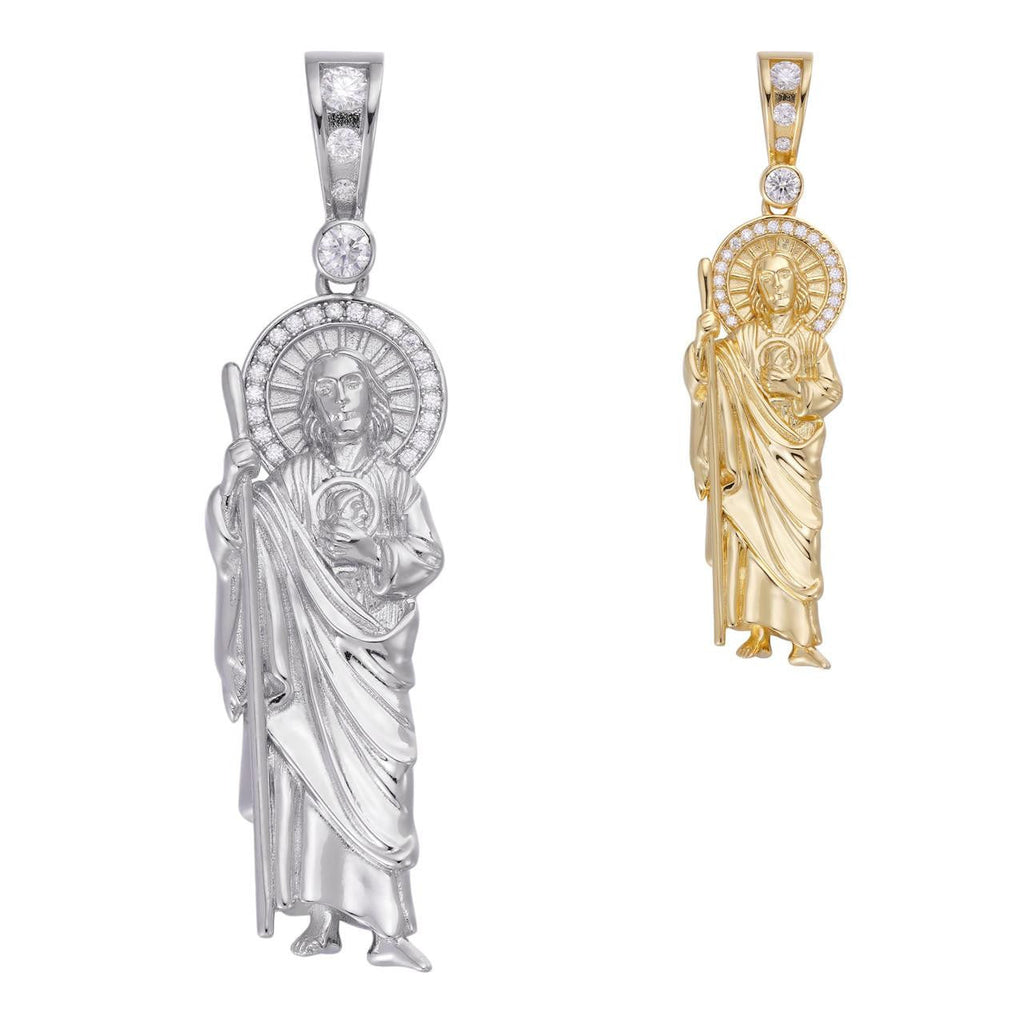 MOISSANITE St Jude Tadeo Iced Pendant - 14k Gold Vermeil Or 925 Silver - Large 2.5"