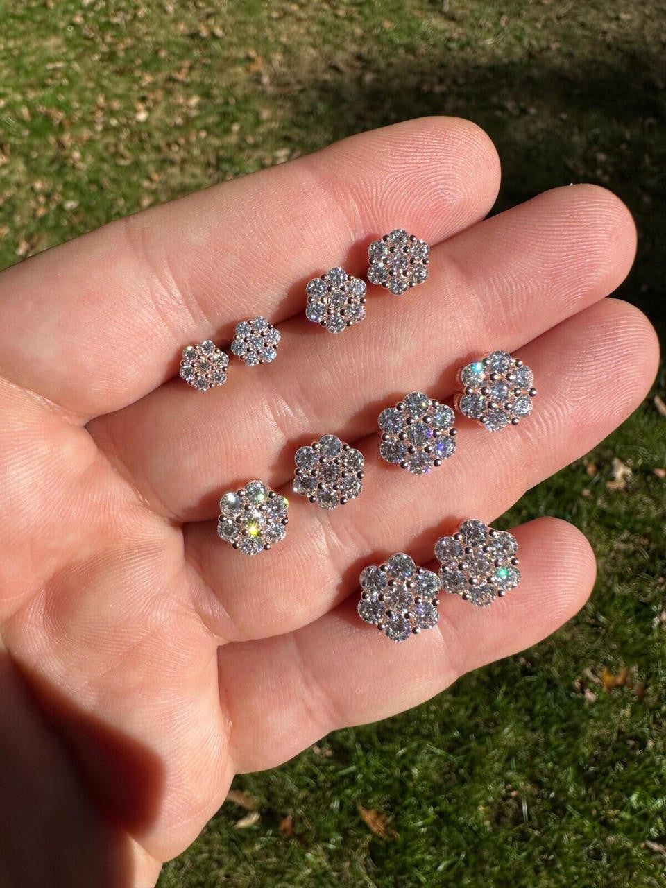 MOISSANITE Cluster Iced Out Honeycomb Set Earrings - 14k Rose Gold Vermeil 925 Silver - 6mm -11mm