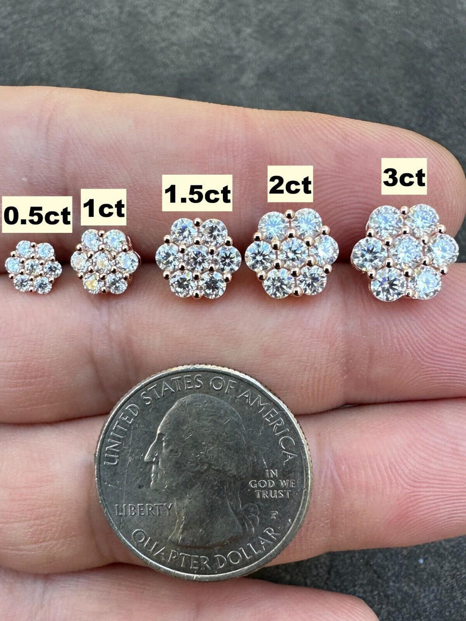 MOISSANITE Cluster Iced Out Honeycomb Set Earrings - 14k Rose Gold Vermeil 925 Silver - 6mm -11mm