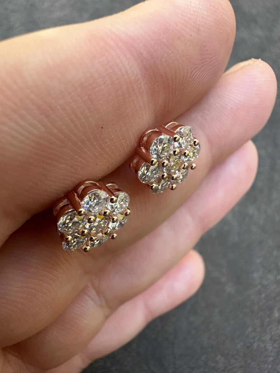 MOISSANITE Cluster Iced Out Honeycomb Set Earrings - 14k Rose Gold Vermeil 925 Silver - 6mm -11mm
