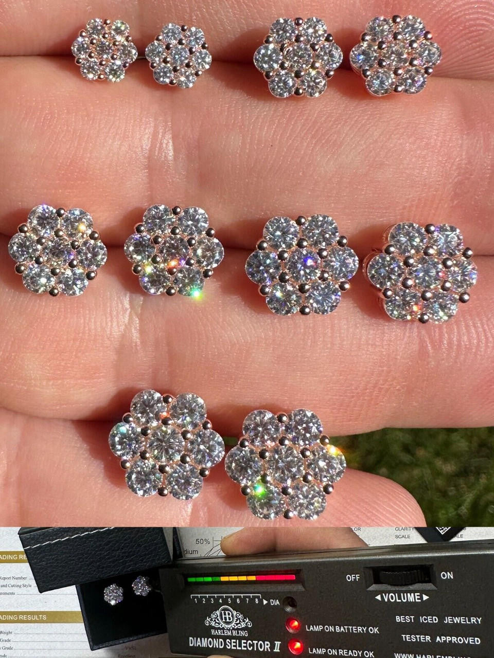 MOISSANITE Cluster Iced Out Honeycomb Set Earrings - 14k Rose Gold Vermeil 925 Silver - 6mm -11mm