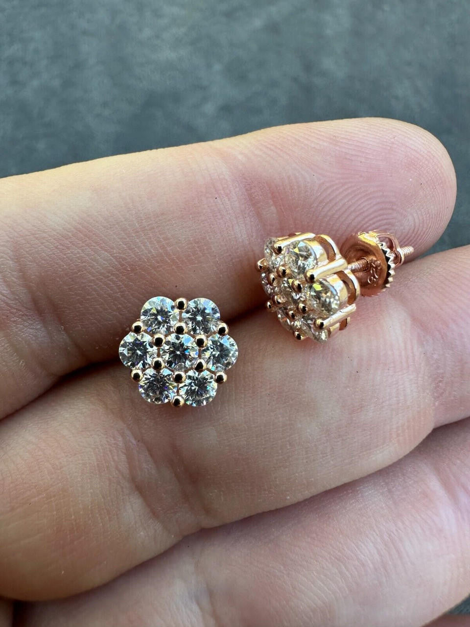 MOISSANITE Cluster Iced Out Honeycomb Set Earrings - 14k Rose Gold Vermeil 925 Silver - 6mm -11mm