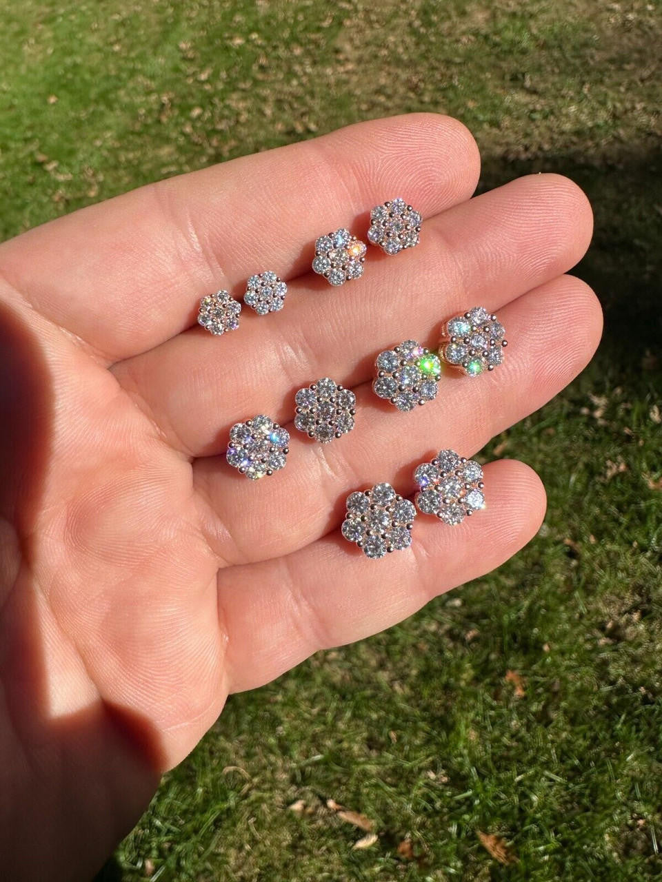 MOISSANITE Cluster Iced Out Honeycomb Set Earrings - 14k Rose Gold Vermeil 925 Silver - 6mm -11mm