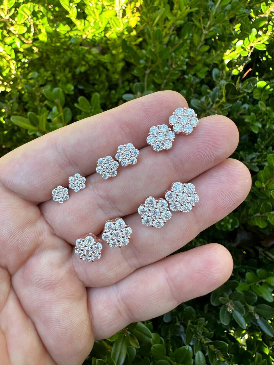 MOISSANITE Cluster Iced Out Honeycomb Set Earrings - 14k Rose Gold Vermeil 925 Silver - 6mm -11mm