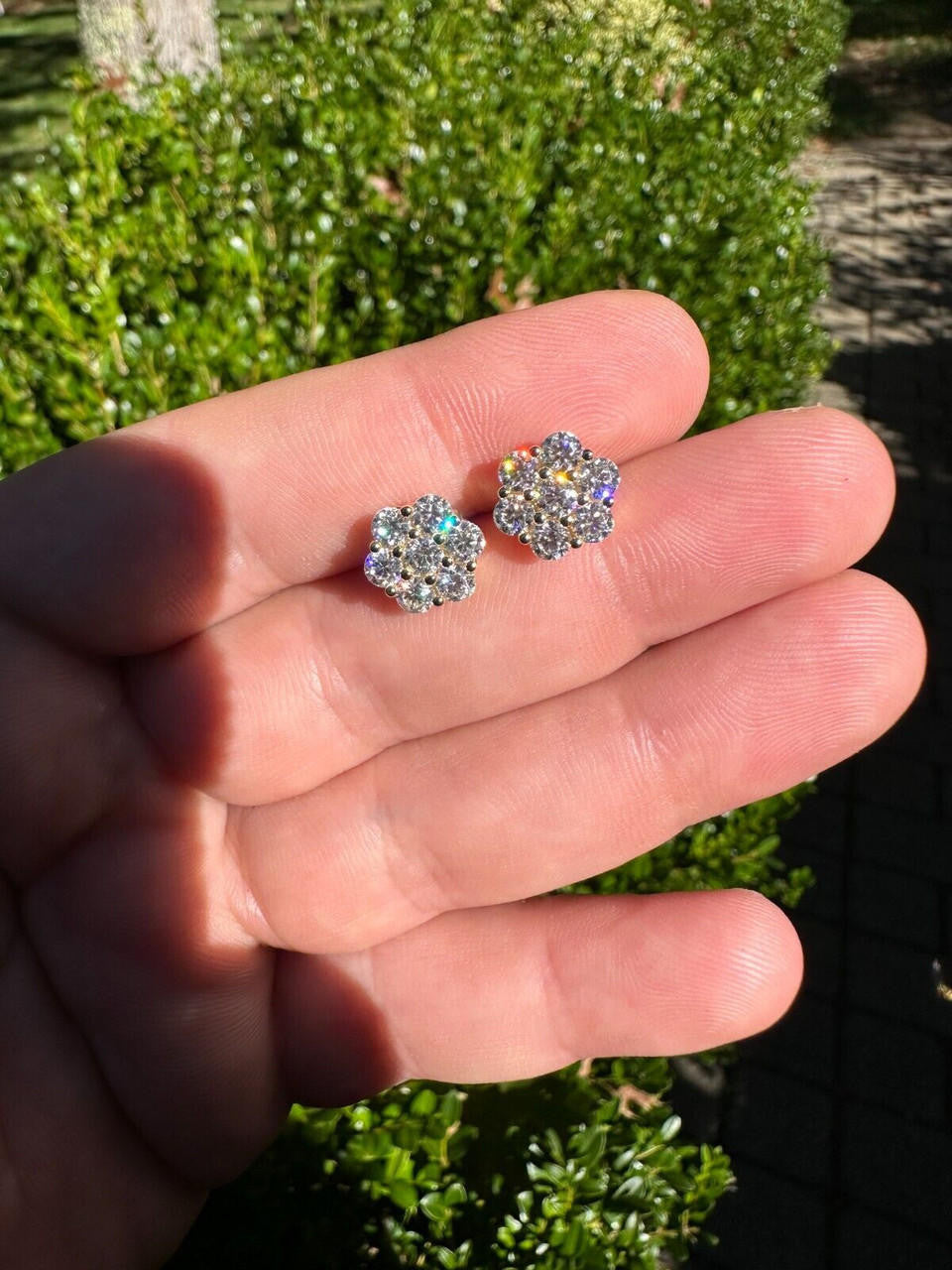MOISSANITE Cluster Iced Out Honeycomb Set Earrings - 14k Rose Gold Vermeil 925 Silver - 6mm -11mm
