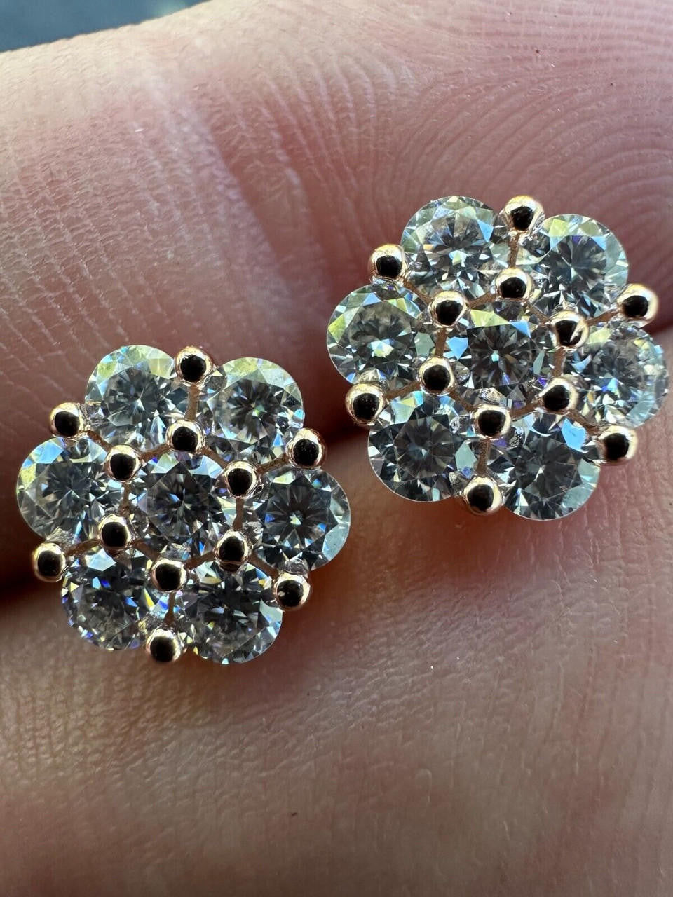 MOISSANITE Cluster Iced Out Honeycomb Set Earrings - 14k Rose Gold Vermeil 925 Silver - 6mm -11mm