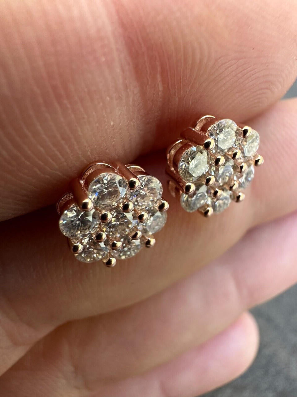 MOISSANITE Cluster Iced Out Honeycomb Set Earrings - 14k Rose Gold Vermeil 925 Silver - 6mm -11mm