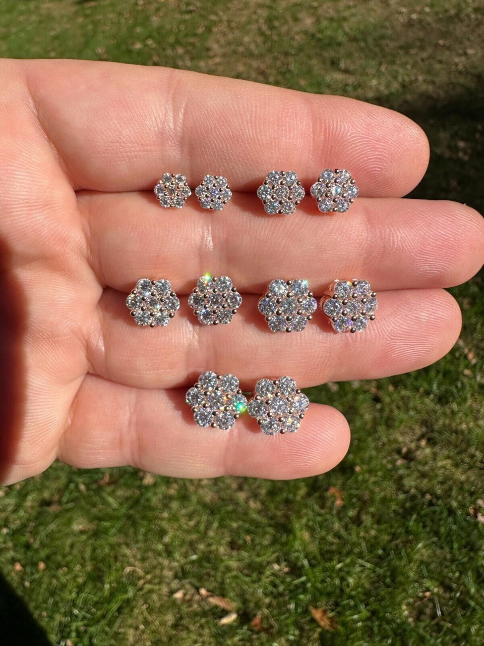MOISSANITE Cluster Iced Out Honeycomb Set Earrings - 14k Rose Gold Vermeil 925 Silver - 6mm -11mm