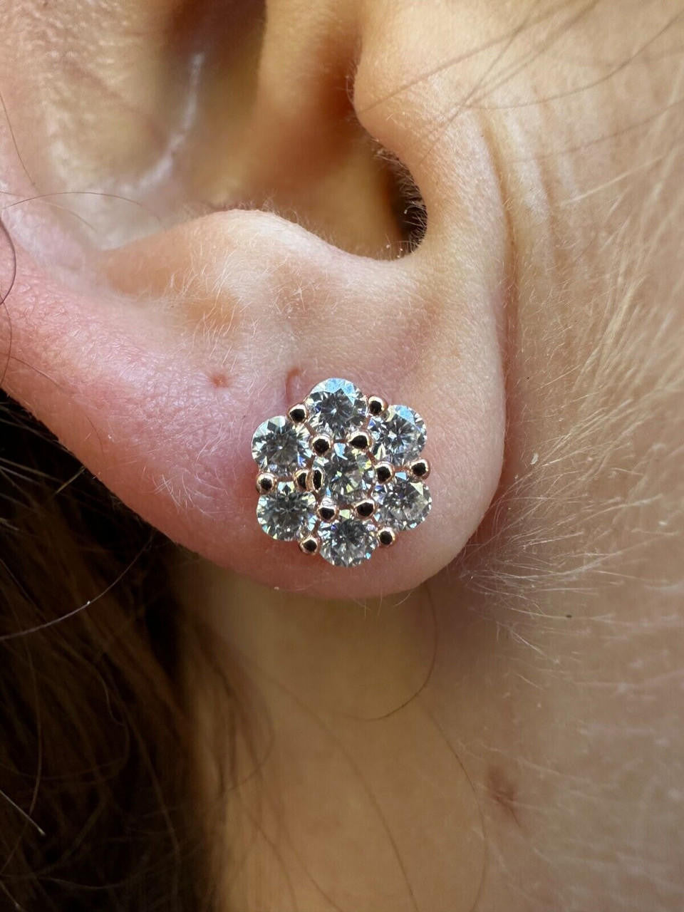 MOISSANITE Cluster Iced Out Honeycomb Set Earrings - 14k Rose Gold Vermeil 925 Silver - 6mm -11mm