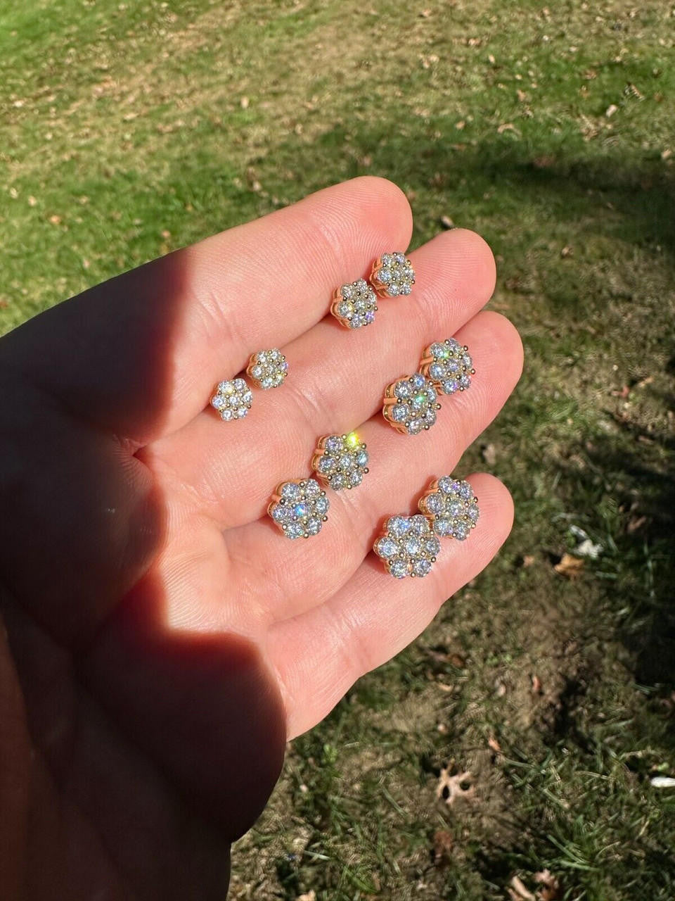 MOISSANITE Cluster Iced Out Honeycomb Set Earrings - 14k Gold Vermeil 925 Silver - 6mm -11mm