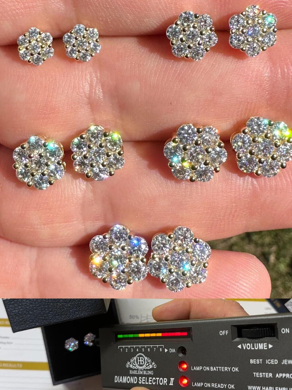 MOISSANITE Cluster Iced Out Honeycomb Set Earrings - 14k Gold Vermeil 925 Silver - 6mm -11mm