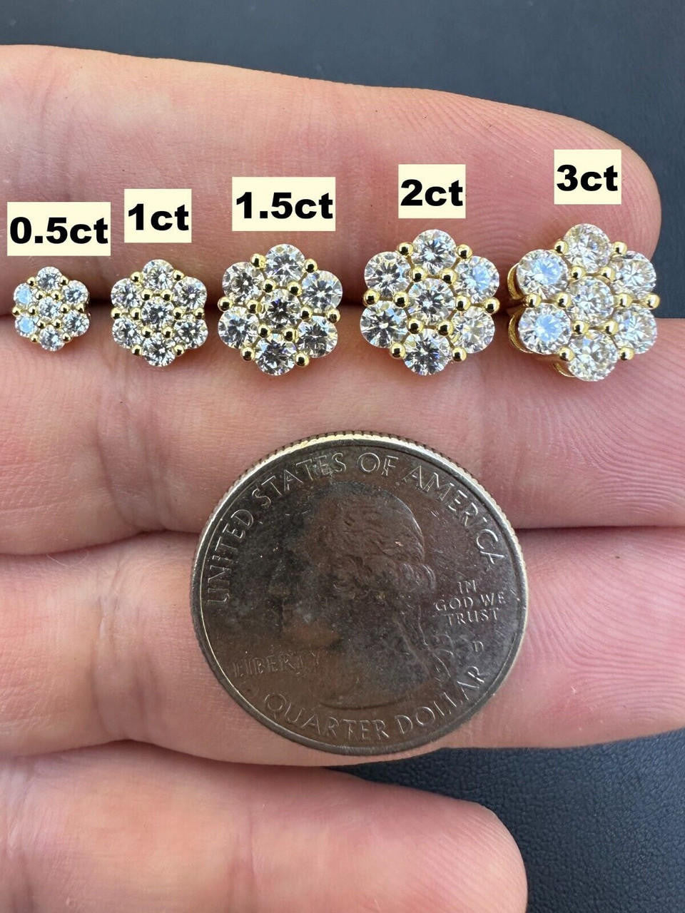 MOISSANITE Cluster Iced Out Honeycomb Set Earrings - 14k Gold Vermeil 925 Silver - 6mm -11mm