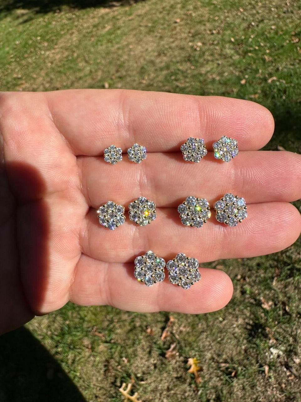 MOISSANITE Cluster Iced Out Honeycomb Set Earrings - 14k Gold Vermeil 925 Silver - 6mm -11mm