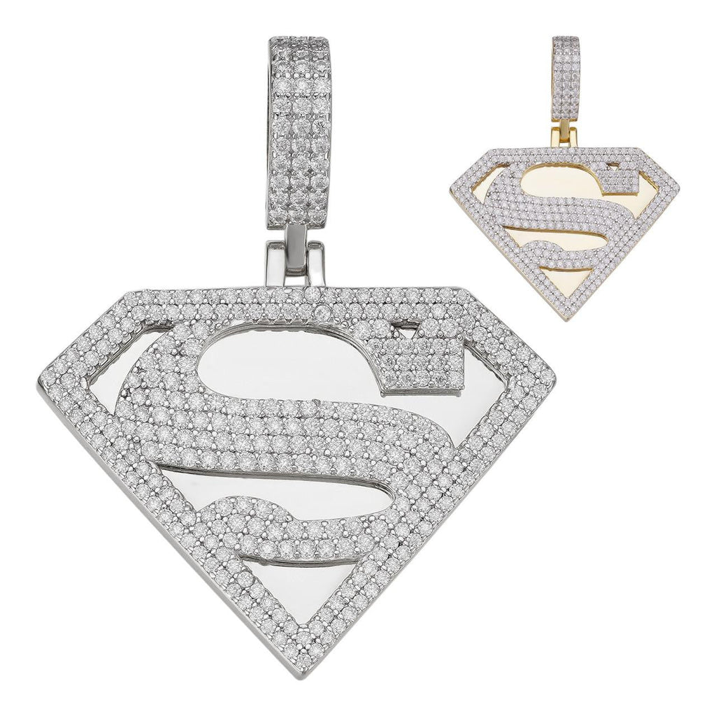 MOISSANITE SUPERMAN Hip Hop Logo Pendant - 14k Gold Vermeil Or 925 Silver - Small 1.5"