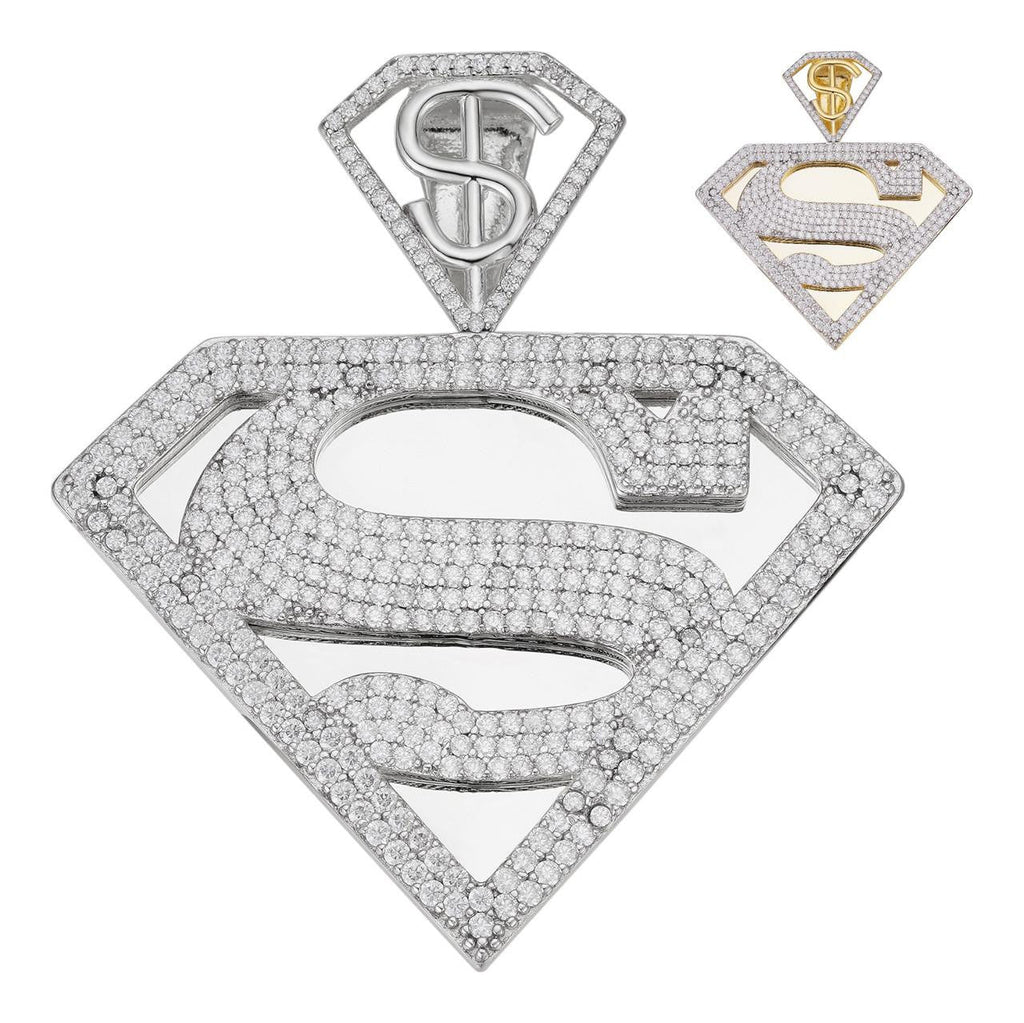 MOISSANITE SUPERMAN Superhero Pendant - 14k Gold Vermeil Or 925 Silver - Medium 2"