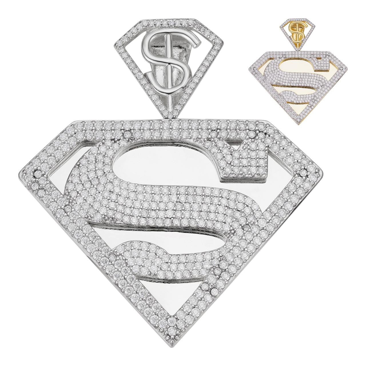 MOISSANITE SUPERMAN Superhero Pendant - 14k Gold Vermeil Or 925 Silver - Medium 2"