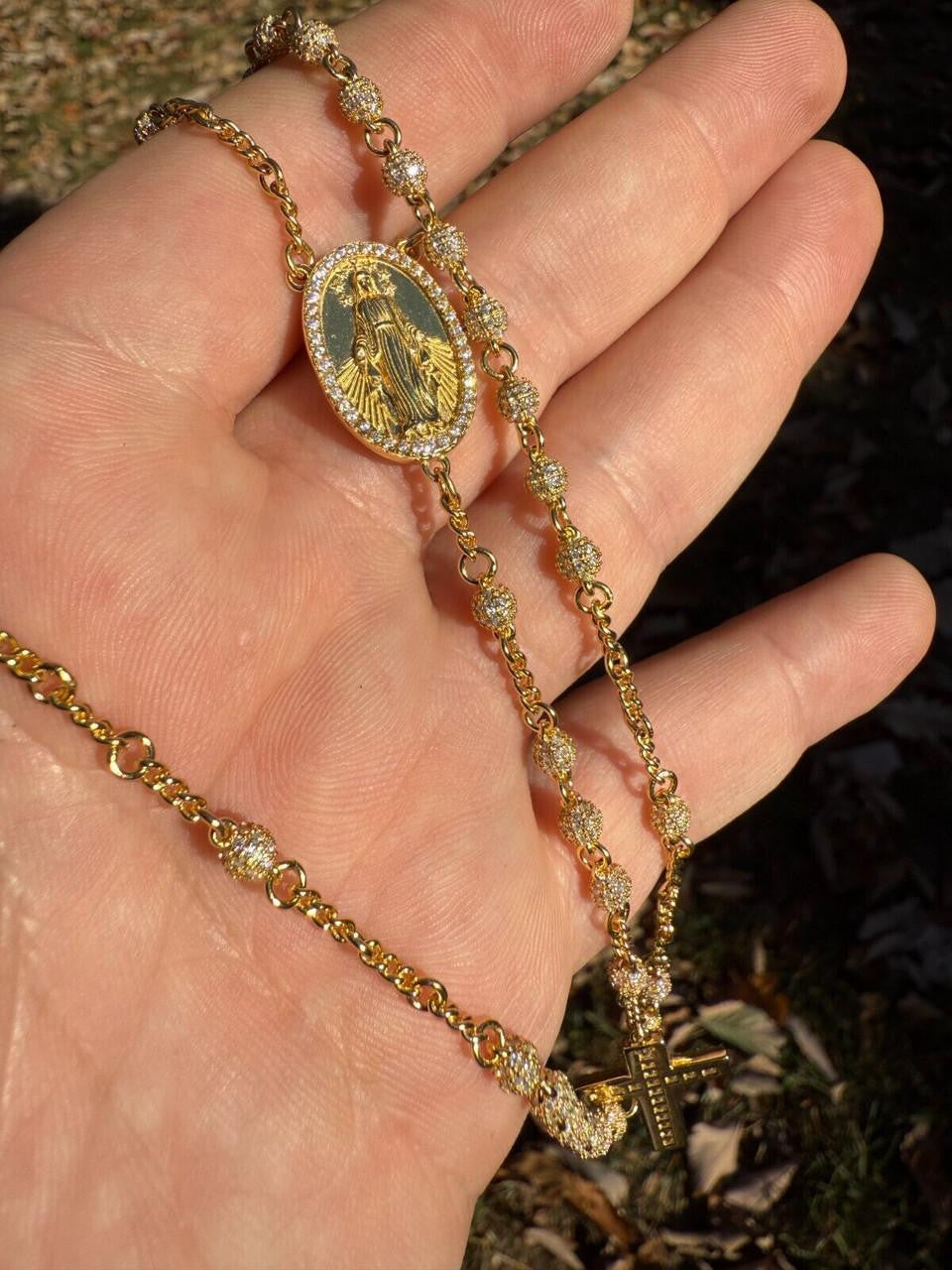 MOISSANITE The Vatican Fully Iced Out Rosary Beads Necklace - 14k Gold Vermeil 925 Silver - 4mm - 30"