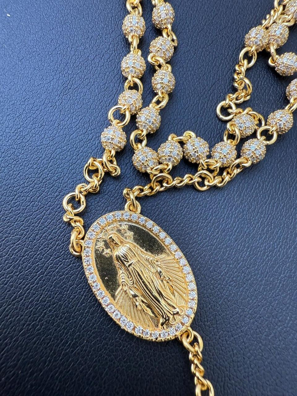 MOISSANITE The Vatican Fully Iced Out Rosary Beads Necklace - 14k Gold Vermeil 925 Silver - 4mm - 30"