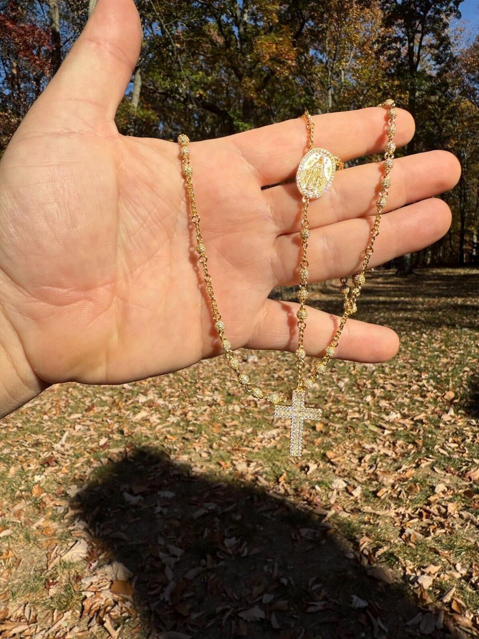 MOISSANITE The Vatican Fully Iced Out Rosary Beads Necklace - 14k Gold Vermeil 925 Silver - 4mm - 30"