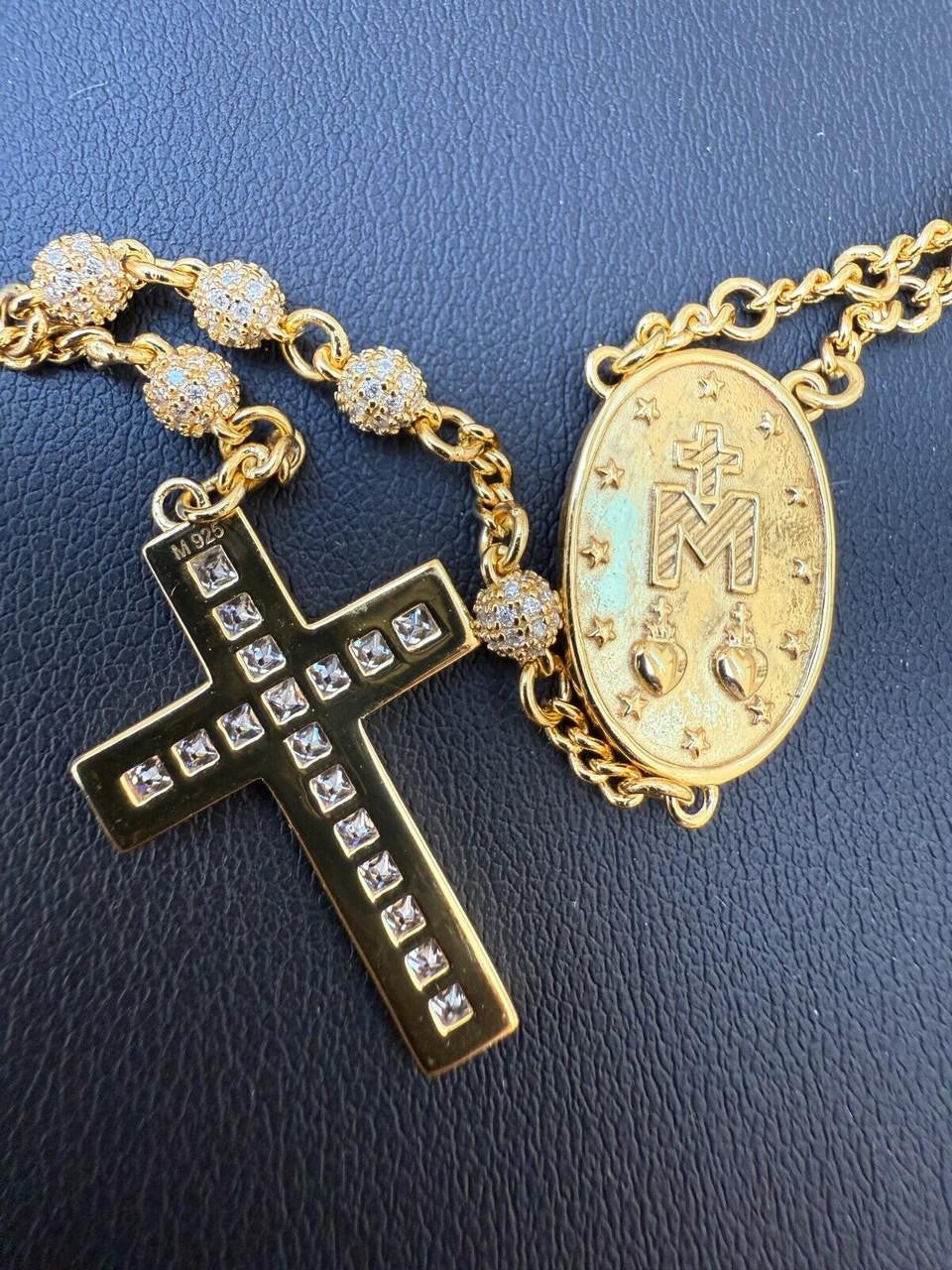 MOISSANITE The Vatican Fully Iced Out Rosary Beads Necklace - 14k Gold Vermeil 925 Silver - 4mm - 30"