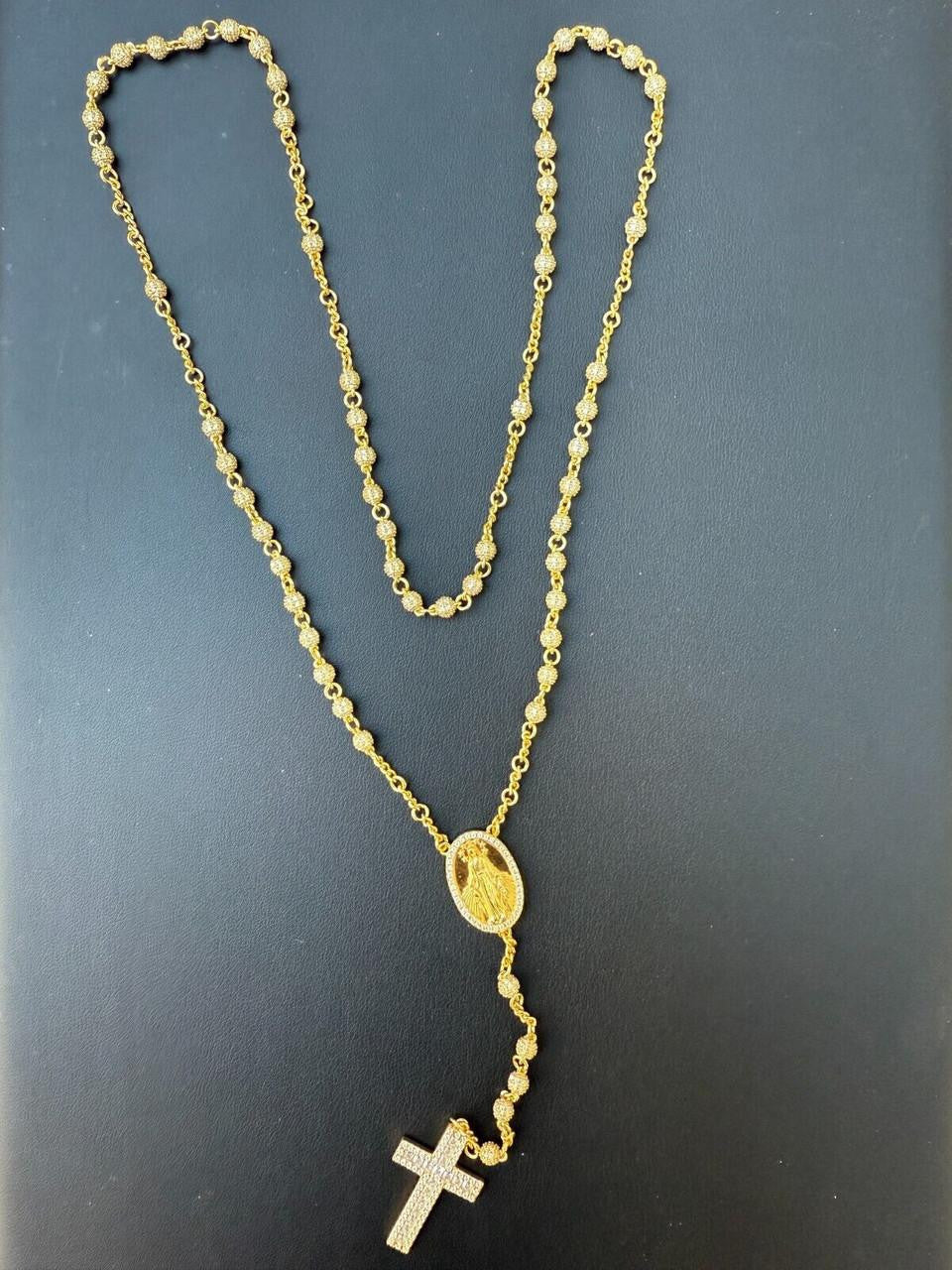 MOISSANITE The Vatican Fully Iced Out Rosary Beads Necklace - 14k Gold Vermeil 925 Silver - 4mm - 30"