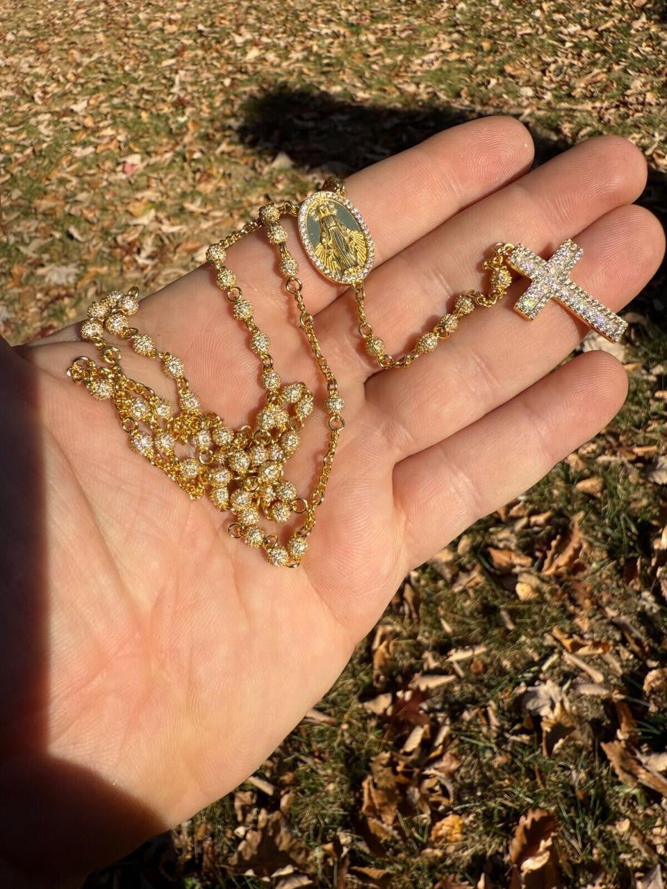 MOISSANITE The Vatican Fully Iced Out Rosary Beads Necklace - 14k Gold Vermeil 925 Silver - 4mm - 30"