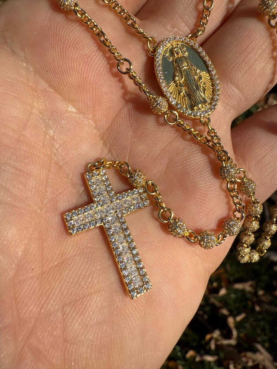 MOISSANITE The Vatican Fully Iced Out Rosary Beads Necklace - 14k Gold Vermeil 925 Silver - 4mm - 30"