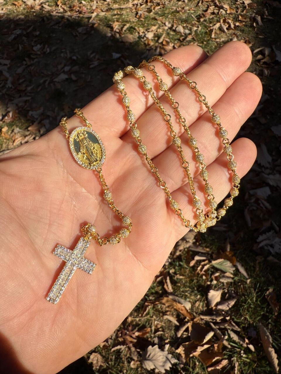 MOISSANITE The Vatican Fully Iced Out Rosary Beads Necklace - 14k Gold Vermeil 925 Silver - 4mm - 30"