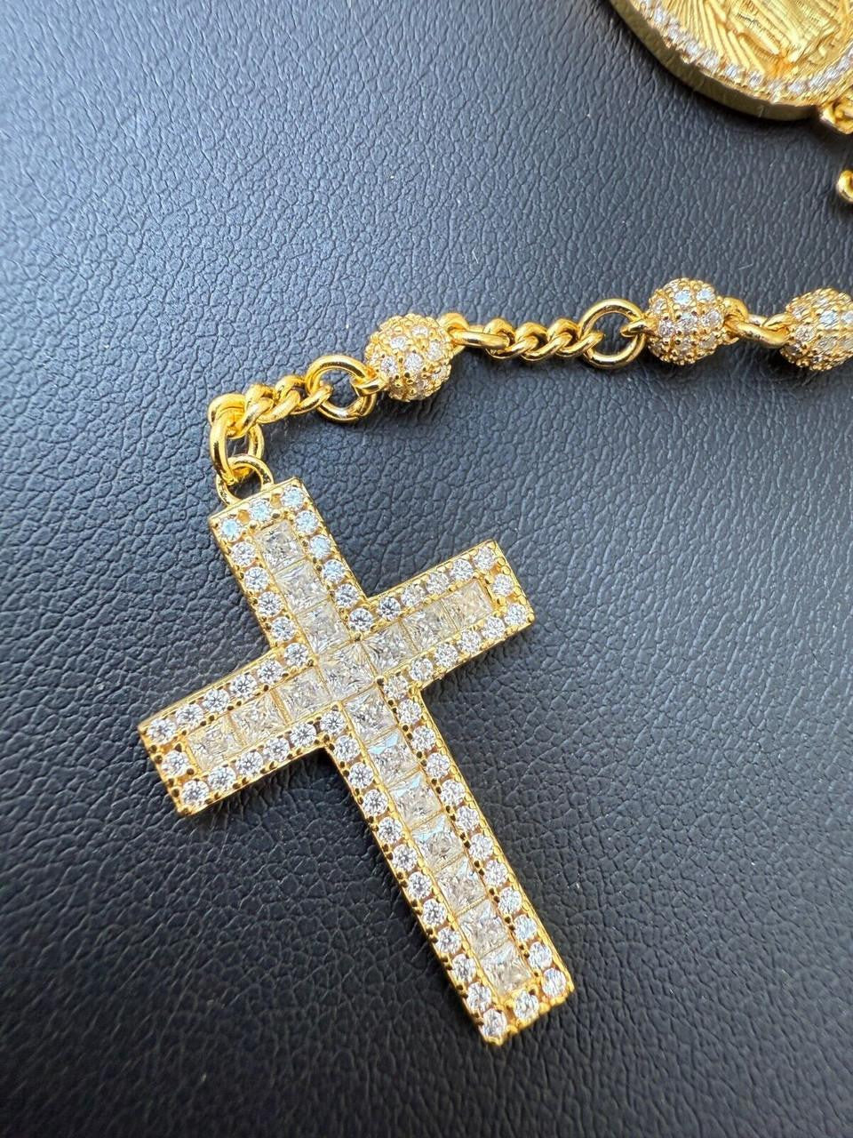 MOISSANITE The Vatican Fully Iced Out Rosary Beads Necklace - 14k Gold Vermeil 925 Silver - 4mm - 30"