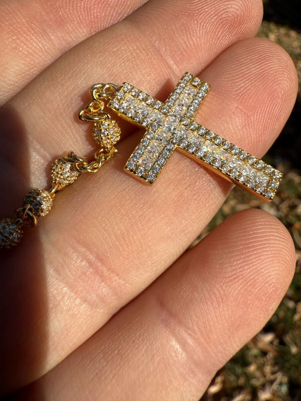 MOISSANITE The Vatican Fully Iced Out Rosary Beads Necklace - 14k Gold Vermeil 925 Silver - 4mm - 30"