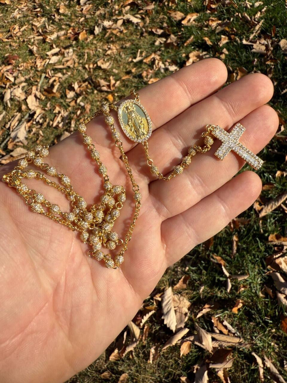 MOISSANITE The Vatican Fully Iced Out Rosary Beads Necklace - 14k Gold Vermeil 925 Silver - 4mm - 30"
