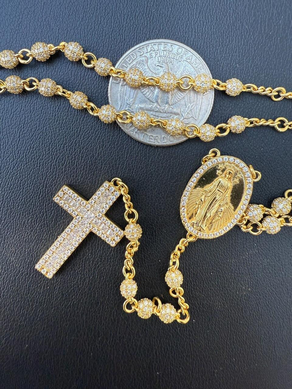 MOISSANITE The Vatican Fully Iced Out Rosary Beads Necklace - 14k Gold Vermeil 925 Silver - 4mm - 30"