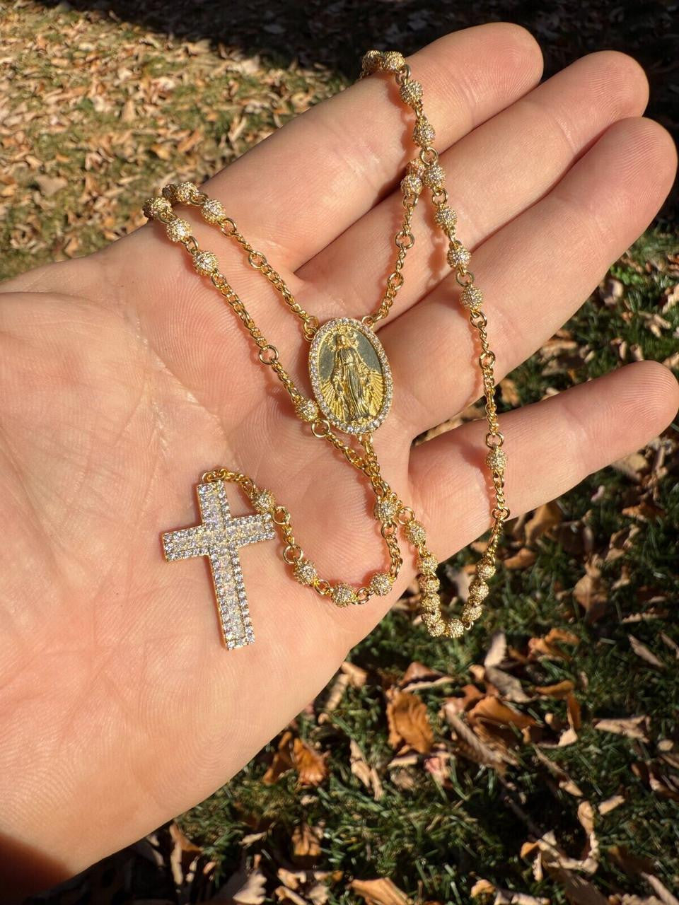 MOISSANITE The Vatican Fully Iced Out Rosary Beads Necklace - 14k Gold Vermeil 925 Silver - 4mm - 30"