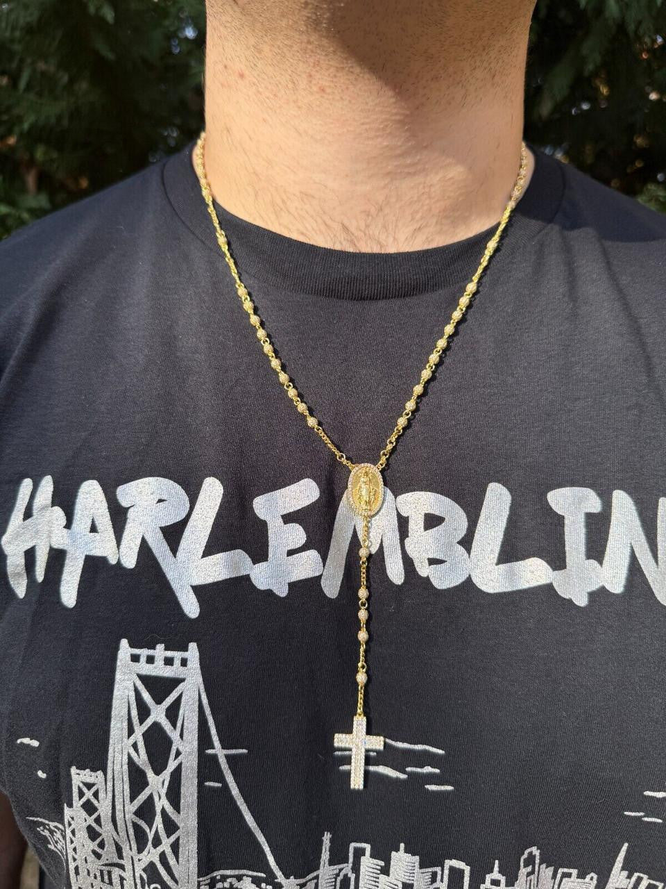 MOISSANITE The Vatican Fully Iced Out Rosary Beads Necklace - 14k Gold Vermeil 925 Silver - 4mm - 30"
