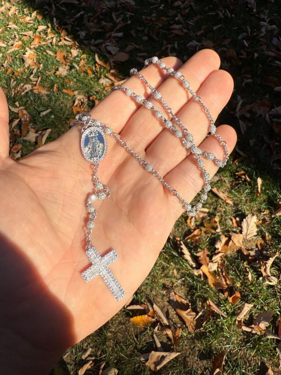 MOISSANITE The Vatican Fully Iced Out Rosary Beads Necklace - 925 Silver - 4mm - 30"