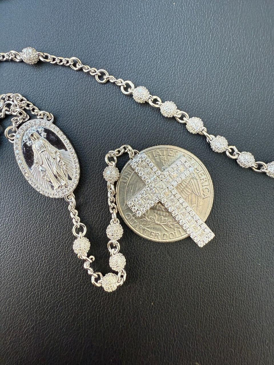 MOISSANITE The Vatican Fully Iced Out Rosary Beads Necklace - 925 Silver - 4mm - 30"