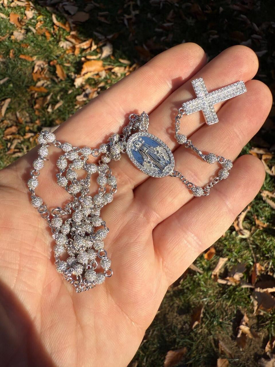 MOISSANITE The Vatican Fully Iced Out Rosary Beads Necklace - 925 Silver - 4mm - 30"