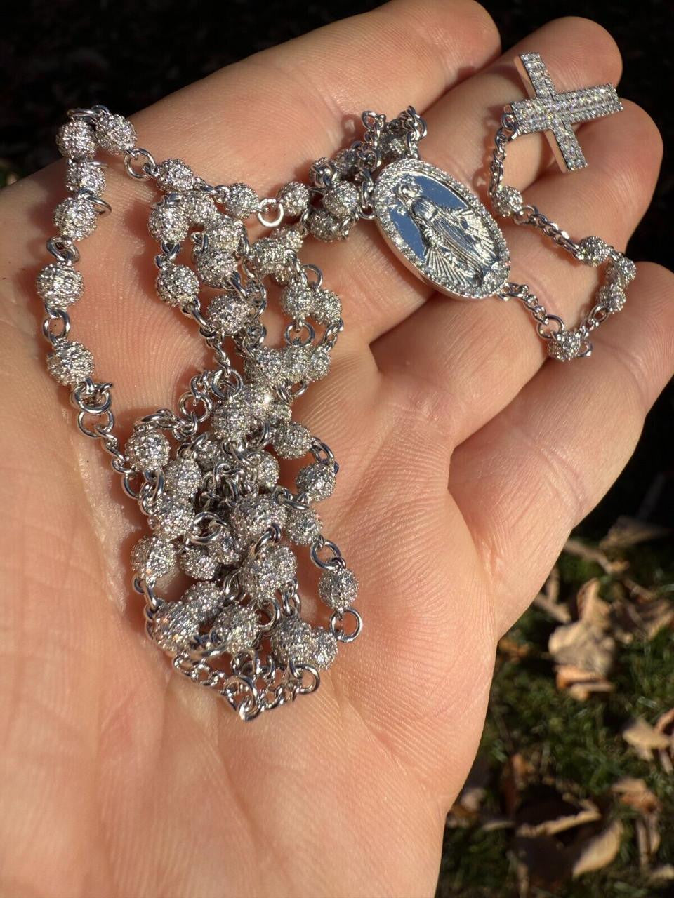 MOISSANITE The Vatican Fully Iced Out Rosary Beads Necklace - 925 Silver - 4mm - 30"