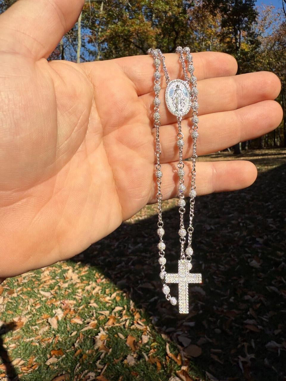 MOISSANITE The Vatican Fully Iced Out Rosary Beads Necklace - 925 Silver - 4mm - 30"