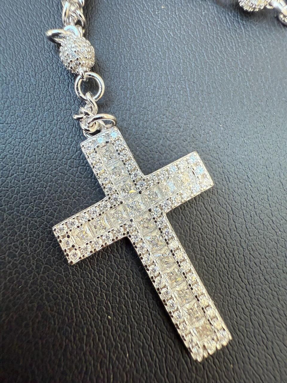MOISSANITE The Vatican Fully Iced Out Rosary Beads Necklace - 925 Silver - 4mm - 30"