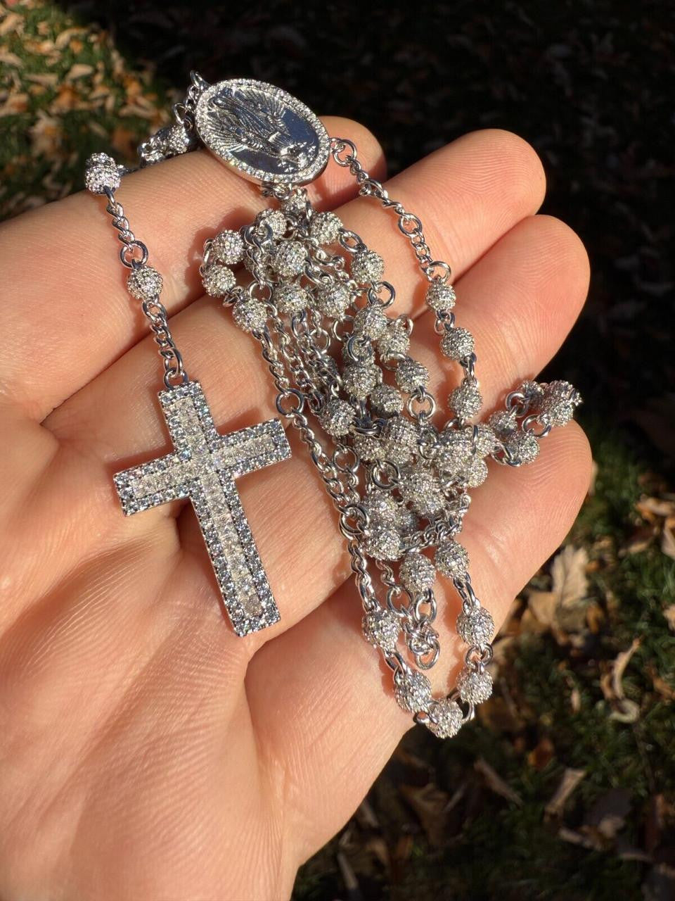 MOISSANITE The Vatican Fully Iced Out Rosary Beads Necklace - 925 Silver - 4mm - 30"