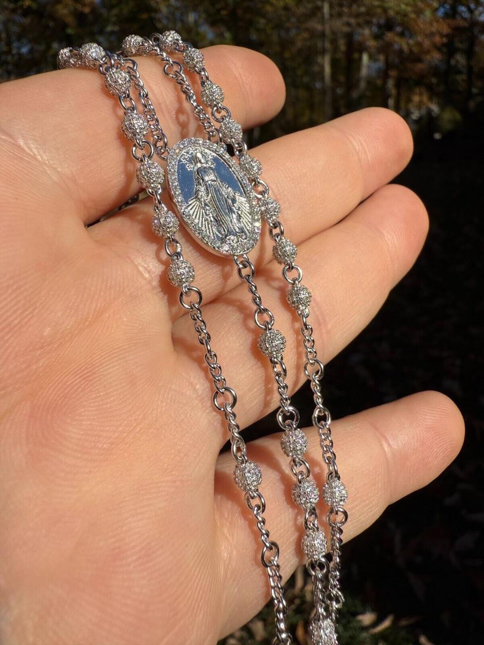 MOISSANITE The Vatican Fully Iced Out Rosary Beads Necklace - 925 Silver - 4mm - 30"