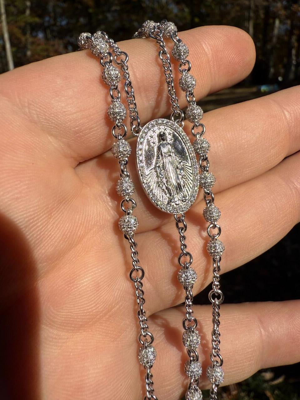 MOISSANITE The Vatican Fully Iced Out Rosary Beads Necklace - 925 Silver - 4mm - 30"