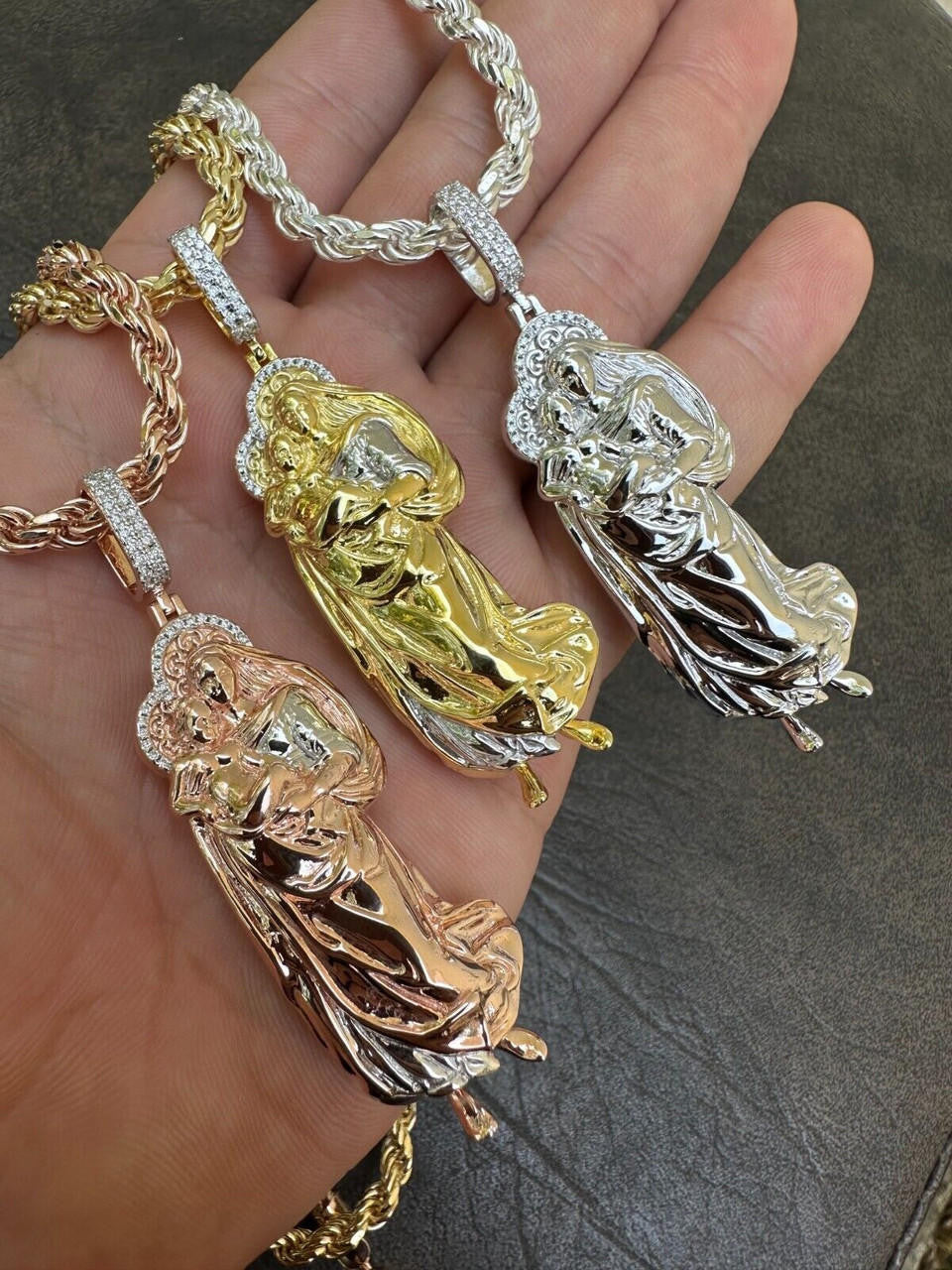 MOISSANITE Virgin Mary 3D Pendant - Yellow/Rose Gold Vermeil 925 Silver - Large 2.5"