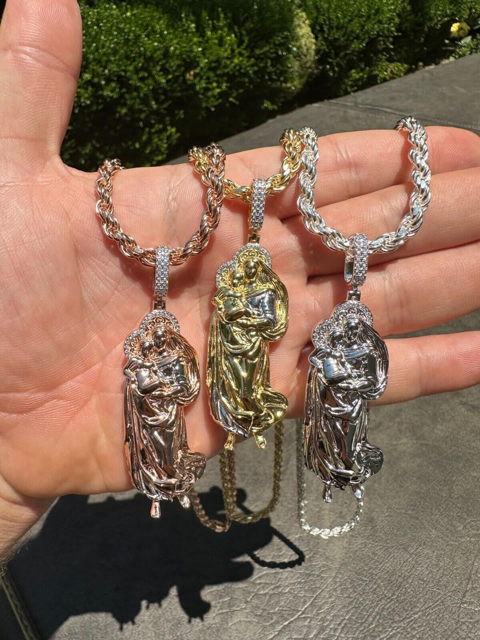 MOISSANITE Virgin Mary 3D Pendant - Yellow/Rose Gold Vermeil 925 Silver - Large 2.5"