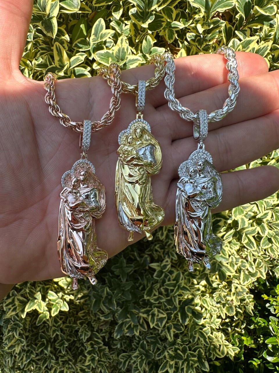MOISSANITE Virgin Mary 3D Pendant - Yellow/Rose Gold Vermeil 925 Silver - Large 2.5"